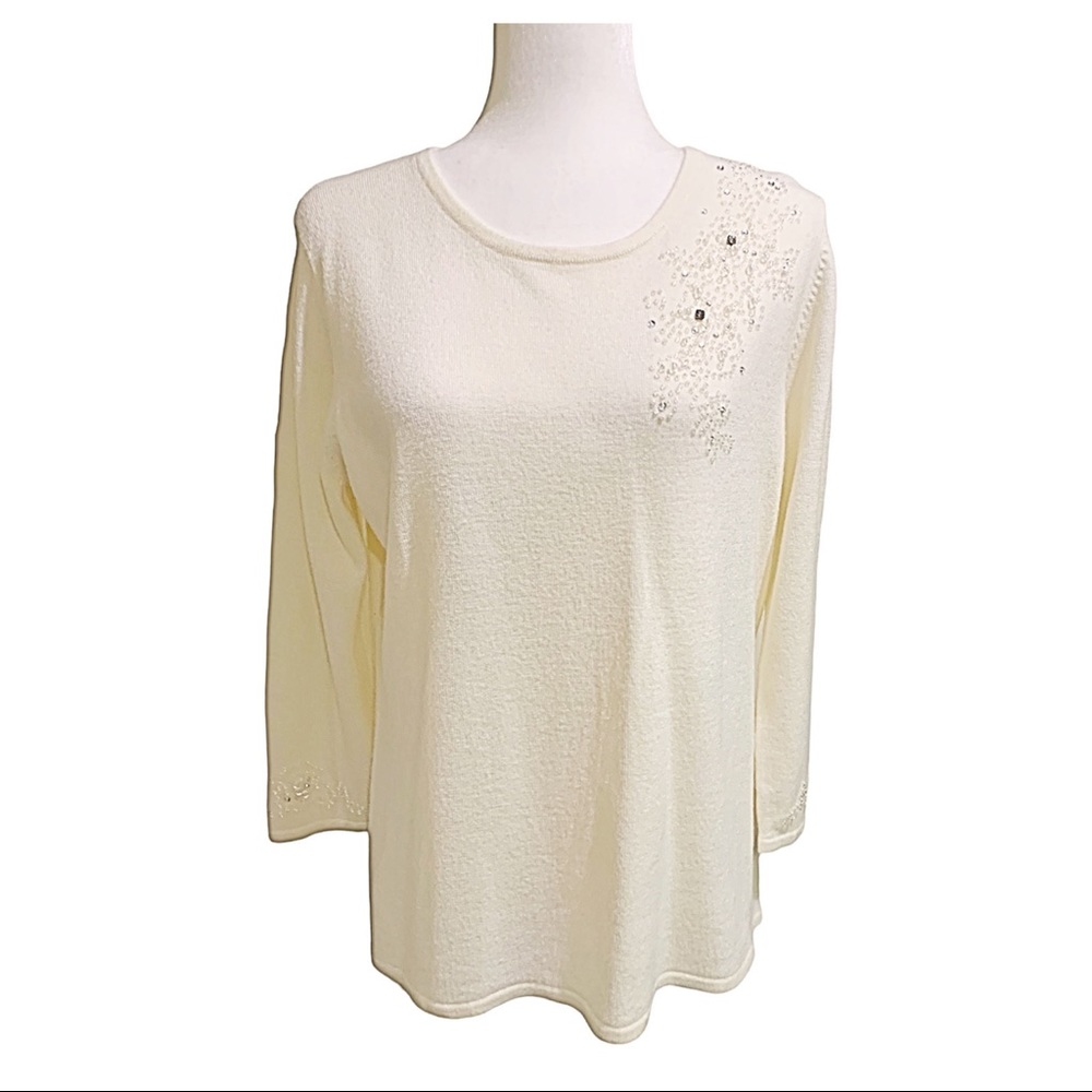 Covington Sweater Ivory Vintage Shoulder Sequins Design Pullover Sweater Size L
